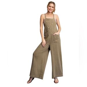 Easel Here I Am Jumpsuit Overalls Sz M Wide Leg Sleeveless Cotton Gauze Brown

M